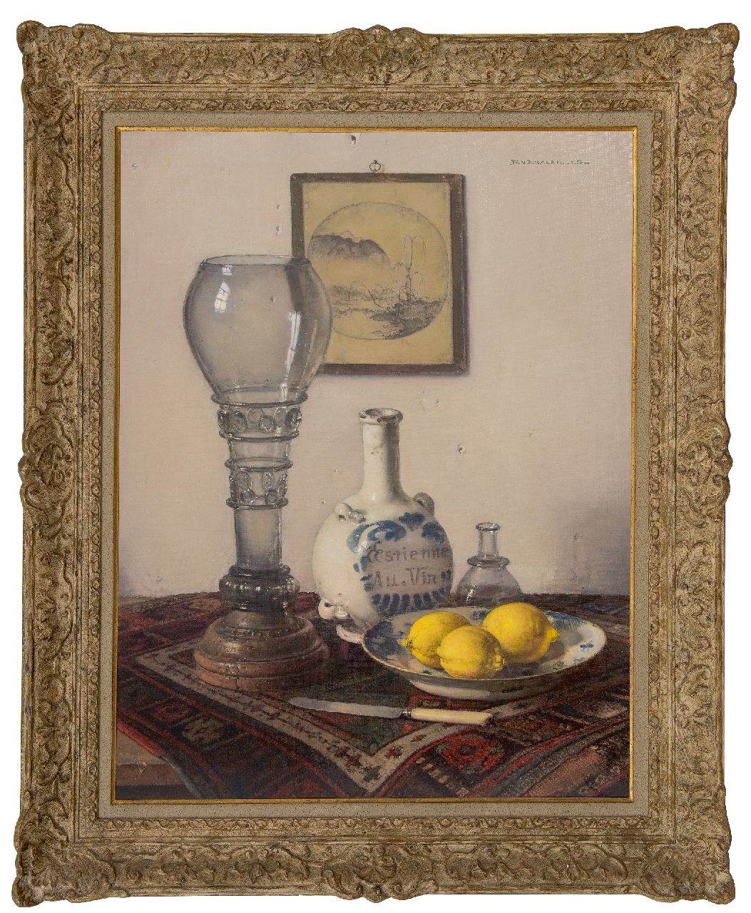 Bogaerts J.J.M.  | Johannes Jacobus Maria 'Jan' Bogaerts | Schilderijen te koop aangeboden | Stilleven met roemer, stenen kruik en bord met citroenen, olieverf op doek 72,8 x 56,4 cm, gesigneerd rechtsboven en gedateerd 1953