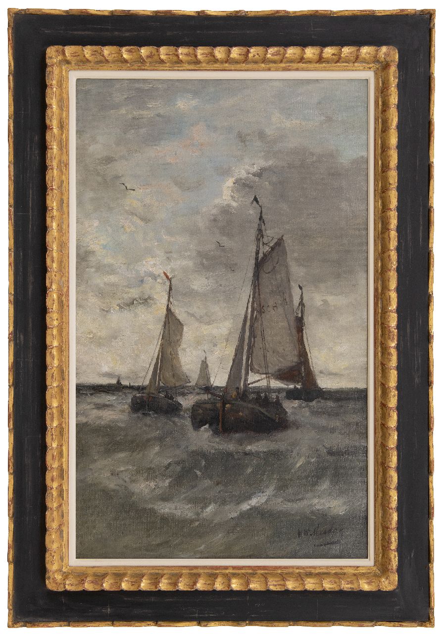 Mesdag H.W.  | Hendrik Willem Mesdag | Schilderijen te koop aangeboden | Terugkerende vissersschepen, Scheveningen, olieverf op doek 78,1 x 48,1 cm, gesigneerd rechtsonder
