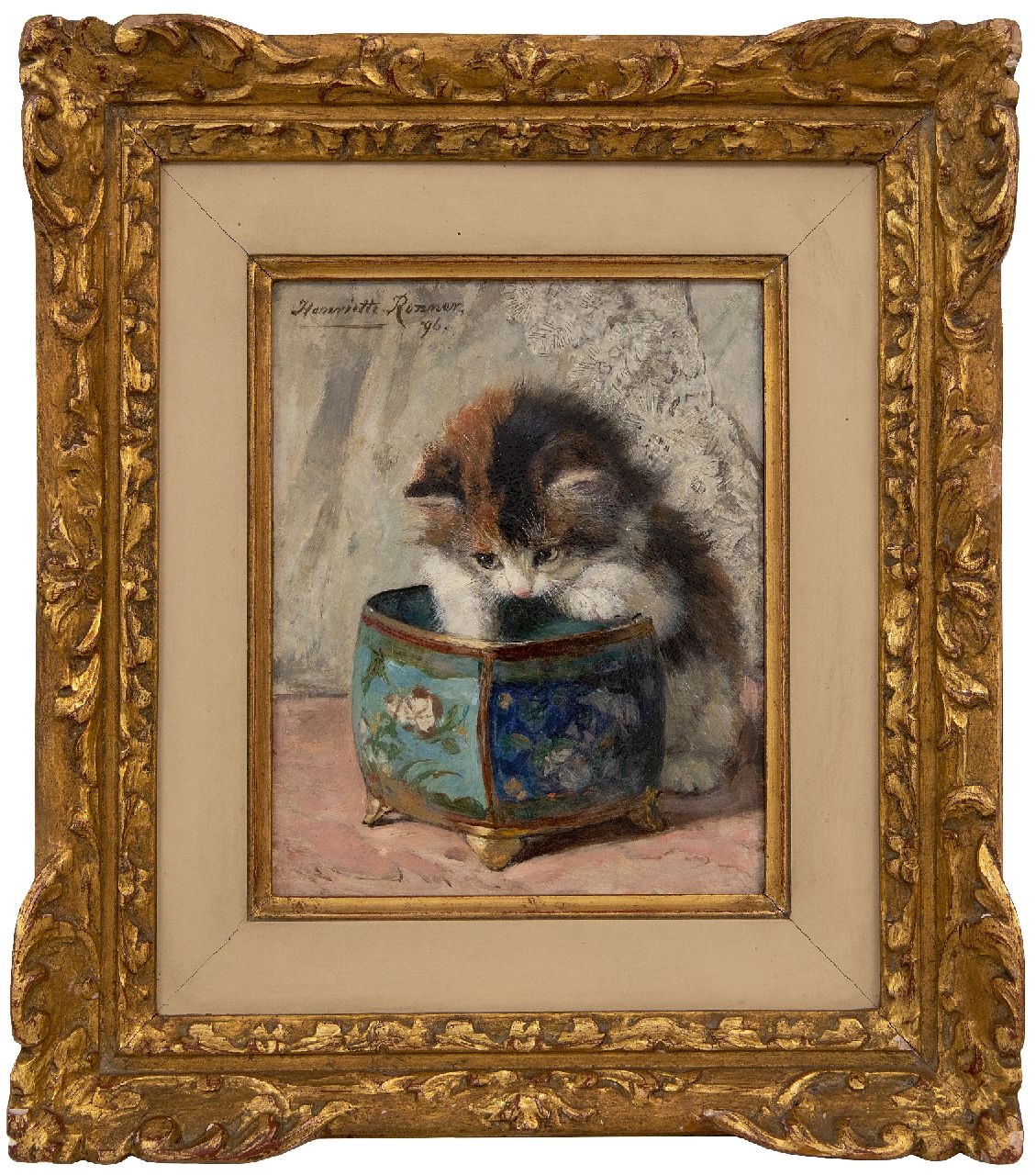 Ronner-Knip H. | Henriette Ronner-Knip | Schilderijen te koop aangeboden | Kitten spelend met een sierpot, olieverf op paneel 20,0 x 16,0 cm, gesigneerd linksboven en gedateerd '96 Ronner-Knip H. | Henriette Ronner-Knip | Schilderijen te koop aangeboden | Kitten spelend met een sierpot, olieverf op paneel 20,0 x 16,0 cm, gesigneerd linksboven en gedateerd '96