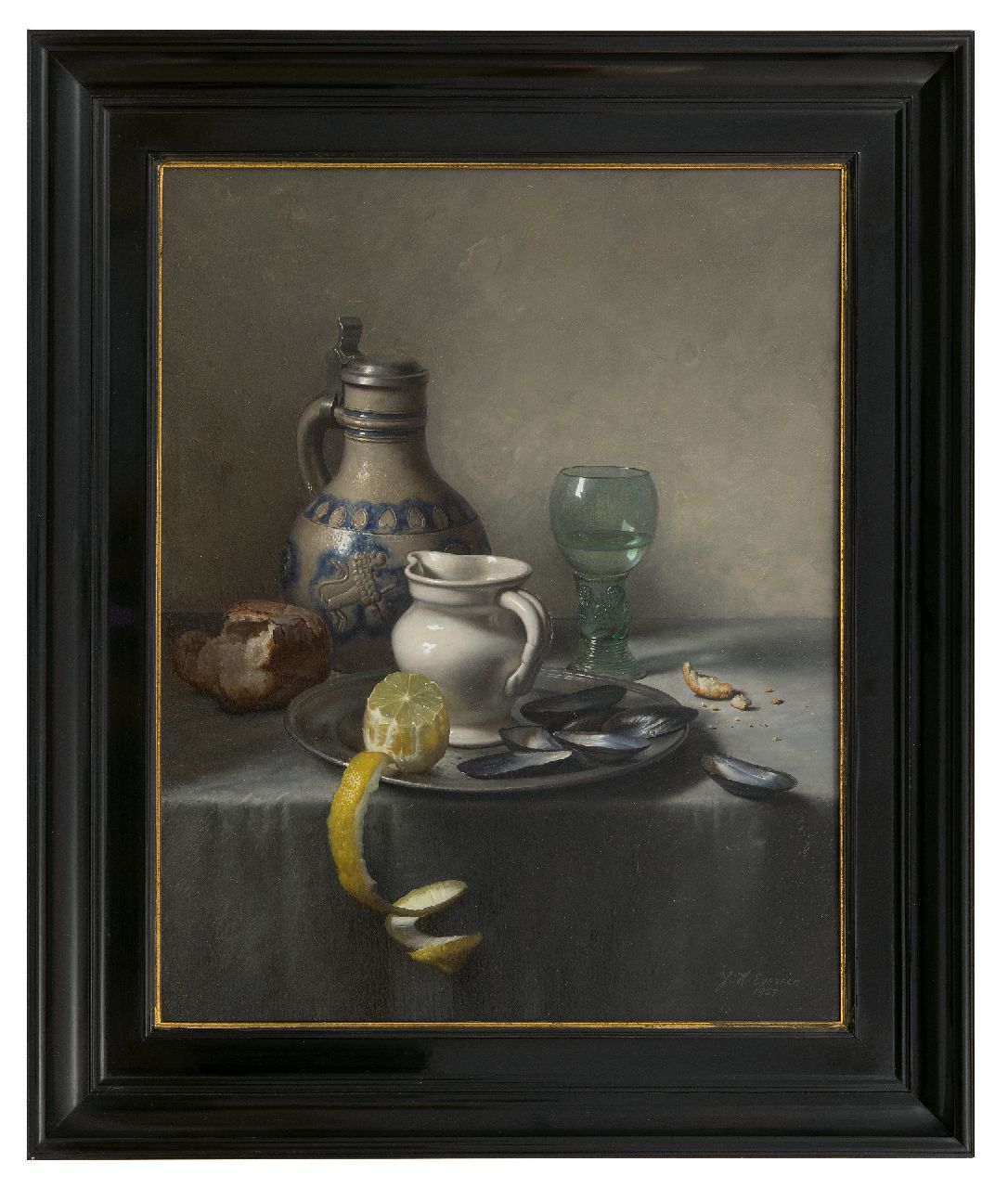 Eversen J.H. | Johannes Hendrik 'Jan' Eversen | Schilderijen te koop aangeboden | Stilleven met Westerwaldkruik, roemer, citroen en mosselen, olieverf op doek 50,8 x 40,9 cm, gesigneerd rechtsonder en gedateerd 1957 Eversen J.H. | Johannes Hendrik 'Jan' Eversen | Schilderijen te koop aangeboden | Stilleven met Westerwaldkruik, roemer, citroen en mosselen, olieverf op doek 50,8 x 40,9 cm, gesigneerd rechtsonder en gedateerd 1957
