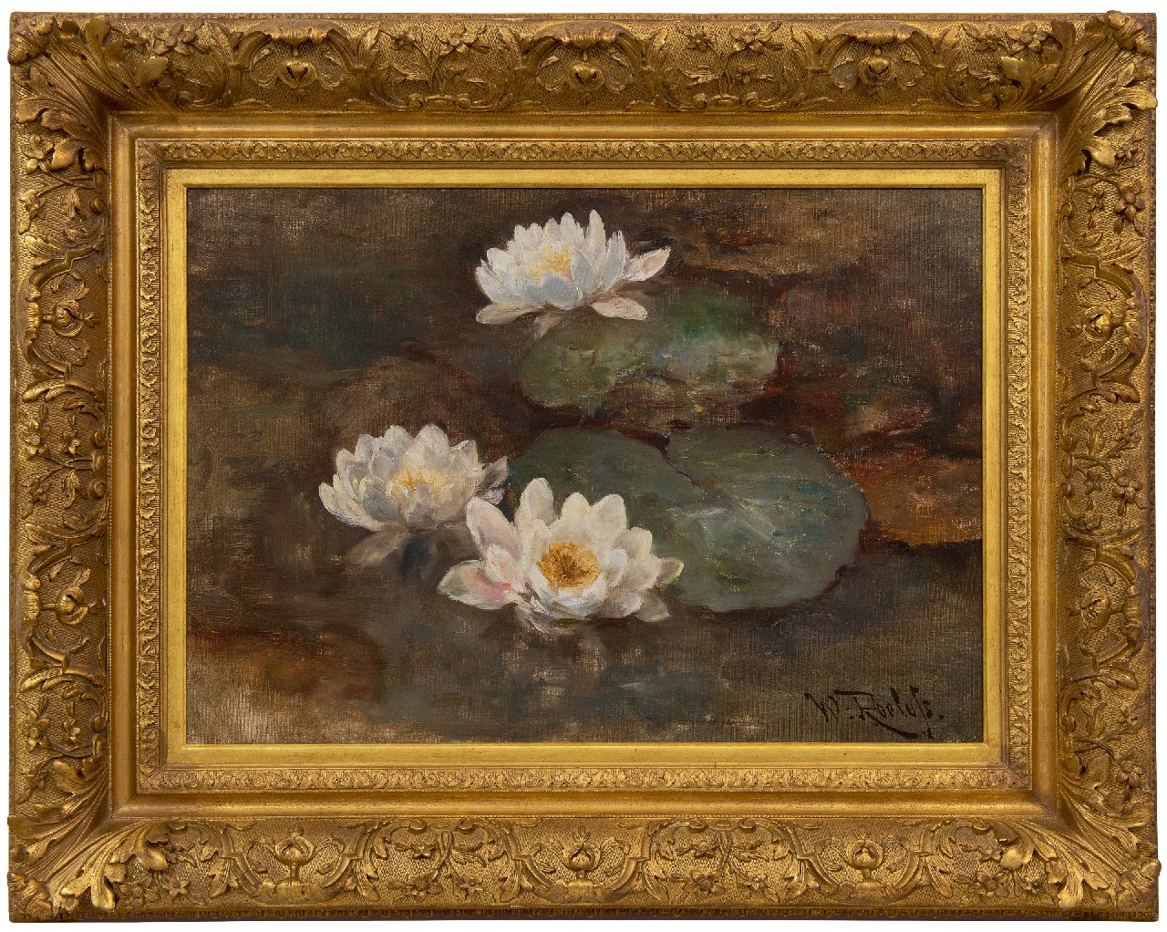 Roelofs W.  | Willem Roelofs | Schilderijen te koop aangeboden | Waterlelies, olieverf op doek 41,1 x 58,3 cm, gesigneerd rechtsonder