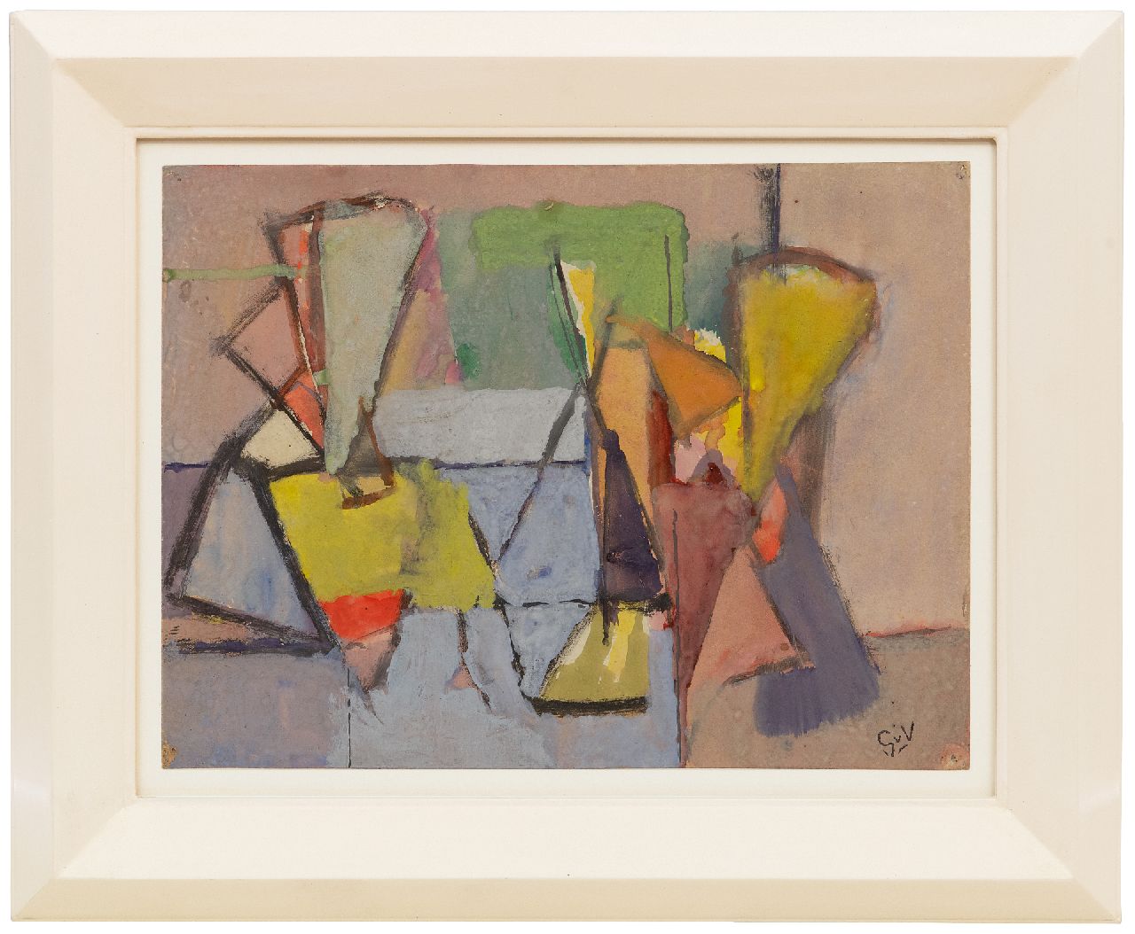 Velde G. van | Gerardus 'Geer' van Velde | Aquarellen en tekeningen te koop aangeboden | Personages autour d'une table (Figuren rond een tafel); verso: Stilleven bij raam, aquarel en gouache op papier 23,8 x 31,7 cm, gesigneerd rechtsonder en te dateren ca. 1944