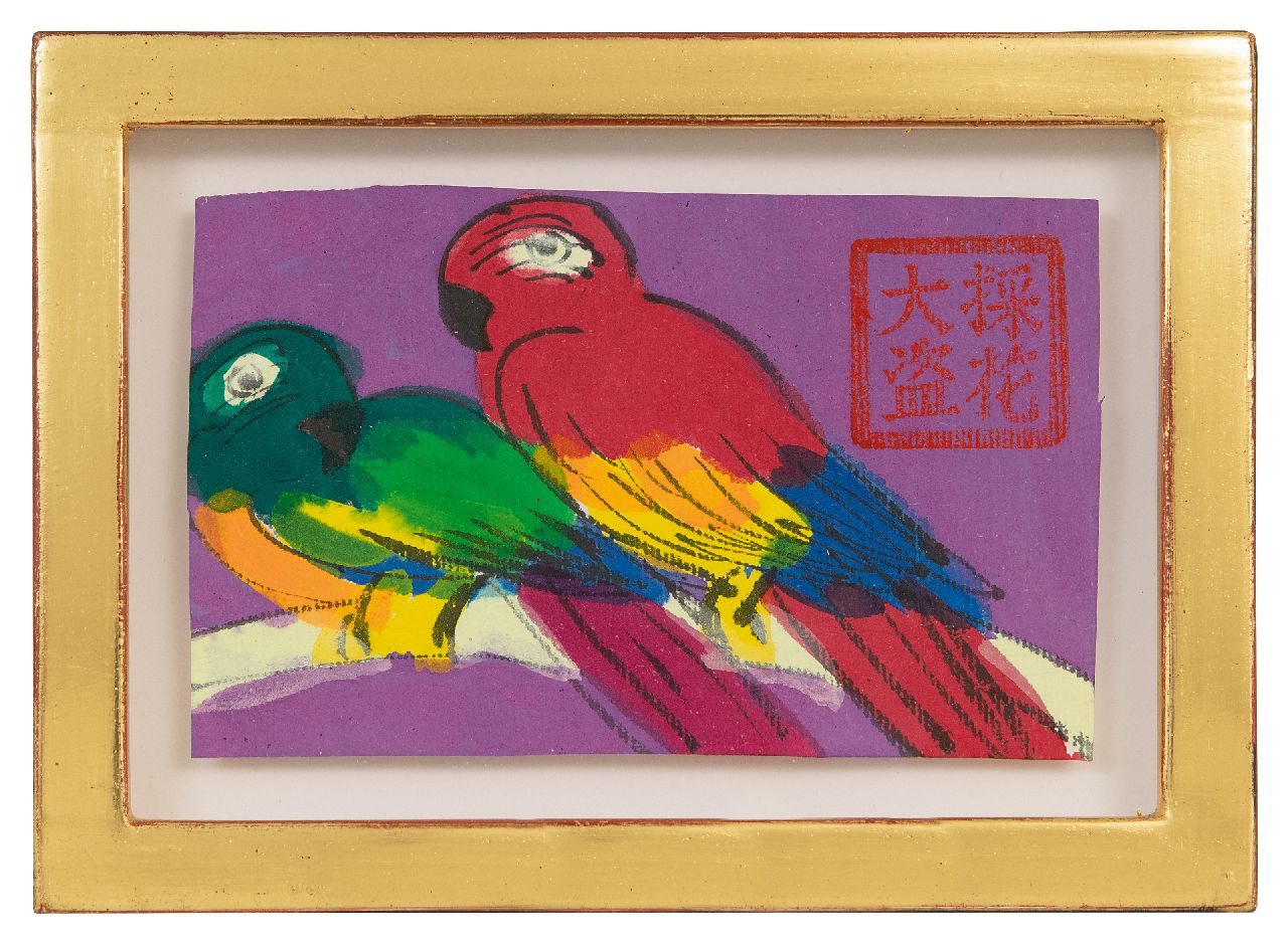 Ting W. | Walasse Ting | te koop aangeboden | Papegaaien, viltstift, inkt en gouache op papier 9,5 x 15,0 cm, gesigneerd rechtsboven met stempelvan de kunstenaar Ting W. | Walasse Ting | te koop aangeboden | Papegaaien, viltstift, inkt en gouache op papier 9,5 x 15,0 cm, gesigneerd rechtsboven met stempelvan de kunstenaar