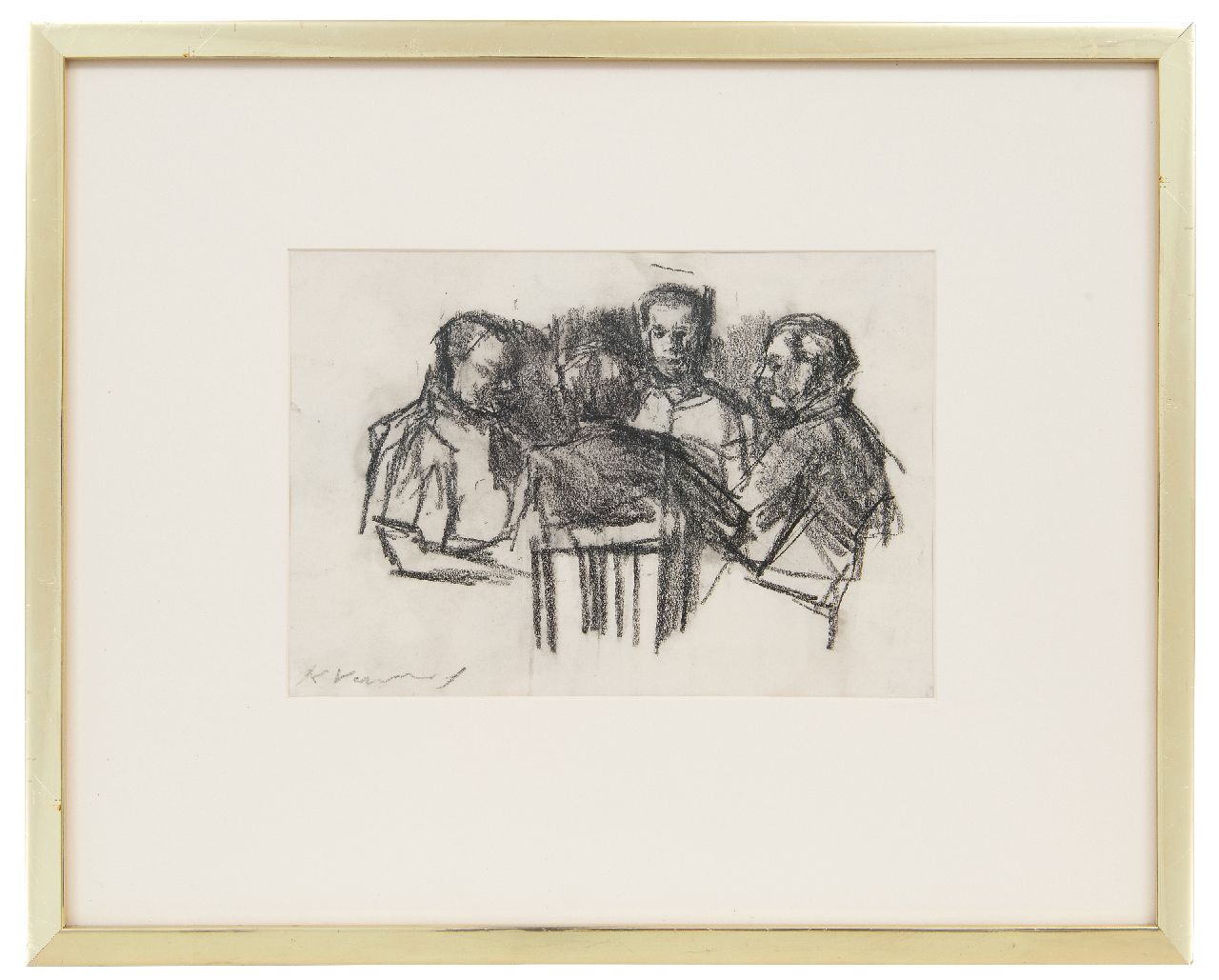 Verwey K.  | Kees Verwey | Aquarellen en tekeningen te koop aangeboden | Kaartende mannen, zwart krijt op papier 16,8 x 24,2 cm, gesigneerd linksonder