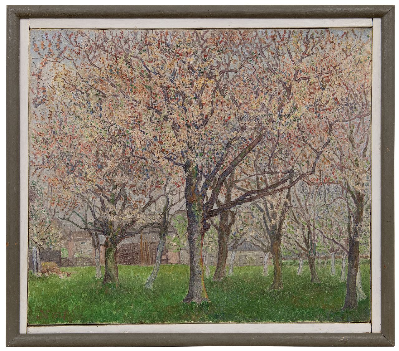 Nieweg J. | Jakob Nieweg | Schilderijen te koop aangeboden | Bloeiende fruitboomgaard, olieverf op doek 55,8 x 65,1 cm, gesigneerd linksonder met monogram en gedateerd 1927 Nieweg J. | Jakob Nieweg | Schilderijen te koop aangeboden | Bloeiende fruitboomgaard, olieverf op doek 55,8 x 65,1 cm, gesigneerd linksonder met monogram en gedateerd 1927