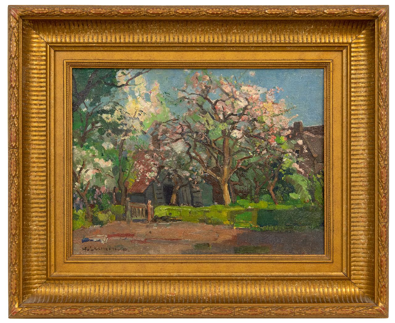 Leeuwen H. van | Hendrik 'Henk' van Leeuwen | Schilderijen te koop aangeboden | Bloesembomen bij een boerderij, olieverf op doek 30,2 x 40,4 cm, gesigneerd linksonder