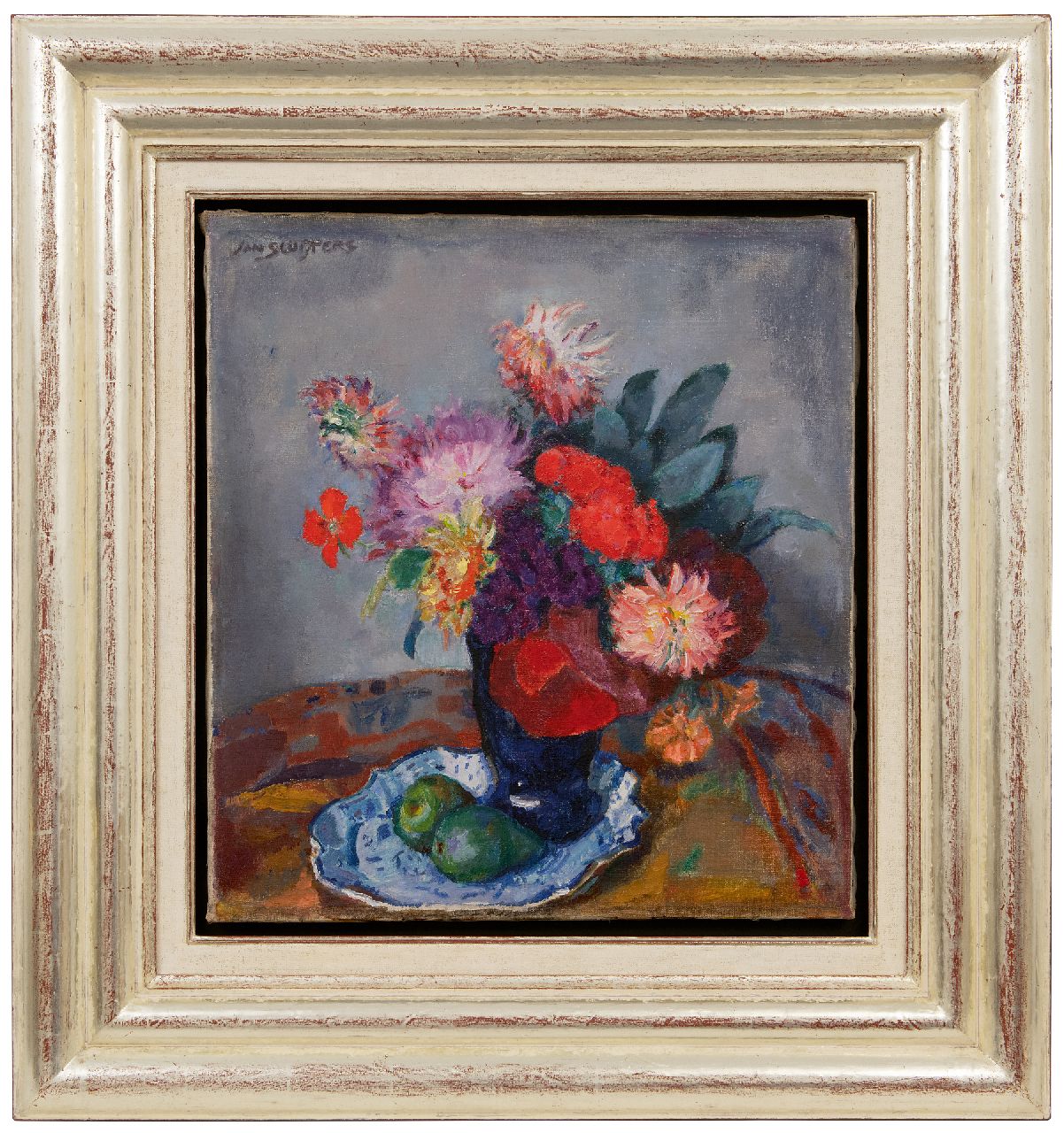 Sluijters J.C.B.  | Johannes Carolus Bernardus 'Jan' Sluijters | Schilderijen te koop aangeboden | Zomerbloemen in blauwe vaas op een schaal, olieverf op doek 53,9 x 49,0 cm, gesigneerd linksboven
