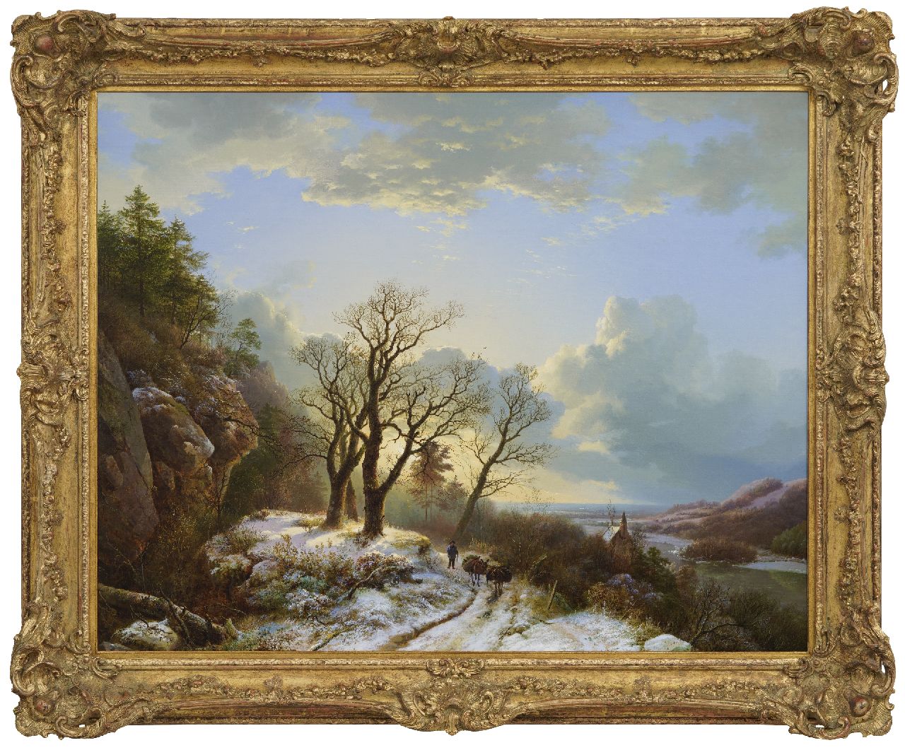 Koekkoek B.C. | Barend Cornelis Koekkoek, Winterse riviervallei met reiziger en vee, olieverf op doek 82,5 x 105,0 cm, gesigneerd linksonder en gedateerd 1834 verkocht Koekkoek B.C. | Barend Cornelis Koekkoek, Winterse riviervallei met reiziger en vee, olieverf op doek 82,5 x 105,0 cm, gesigneerd linksonder en gedateerd 1834 verkocht