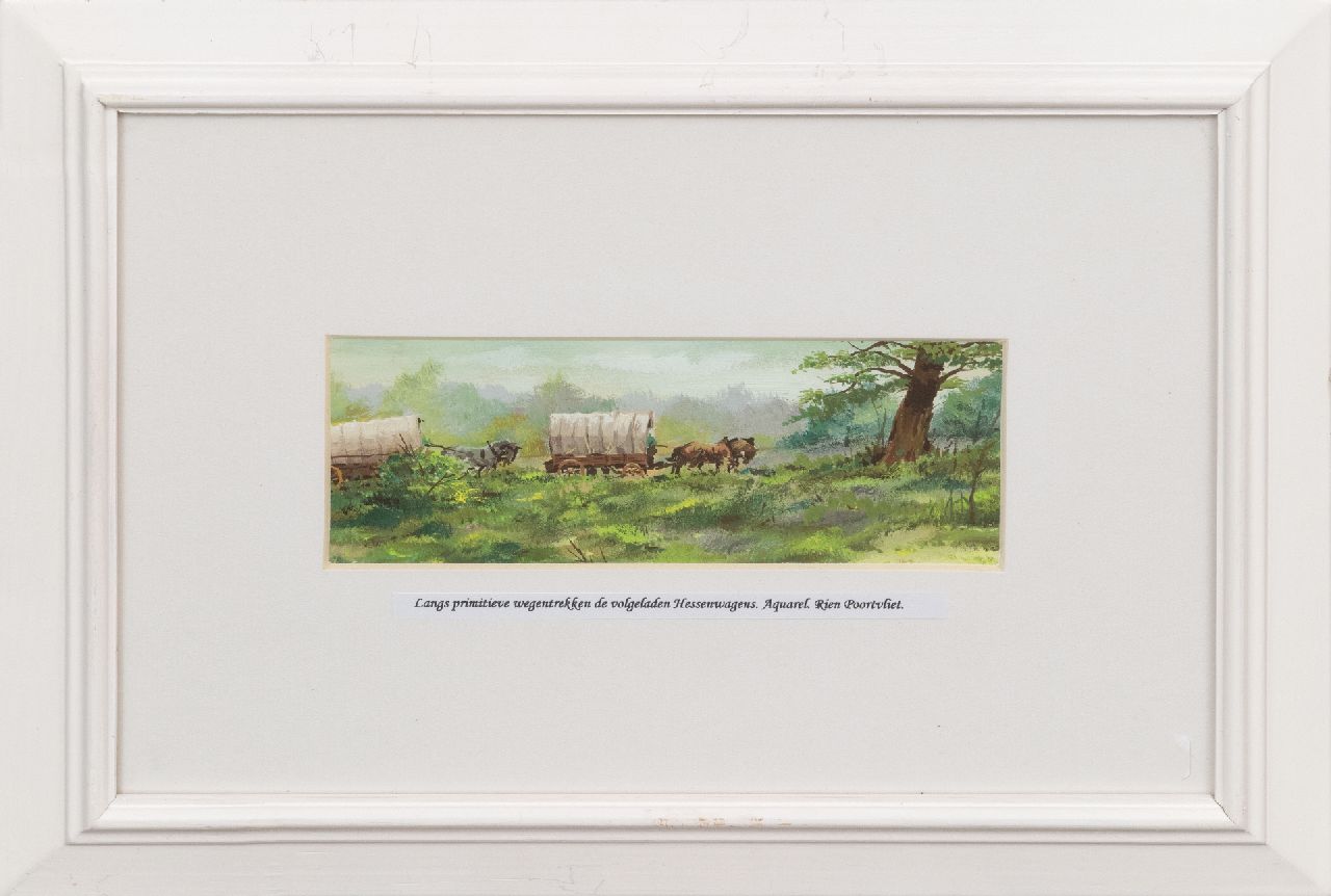 Poortvliet R.  | Rien Poortvliet | Aquarellen en tekeningen te koop aangeboden | Hessenwagens in een Gelders landschap, aquarel op papier 6,3 x 17,5 cm