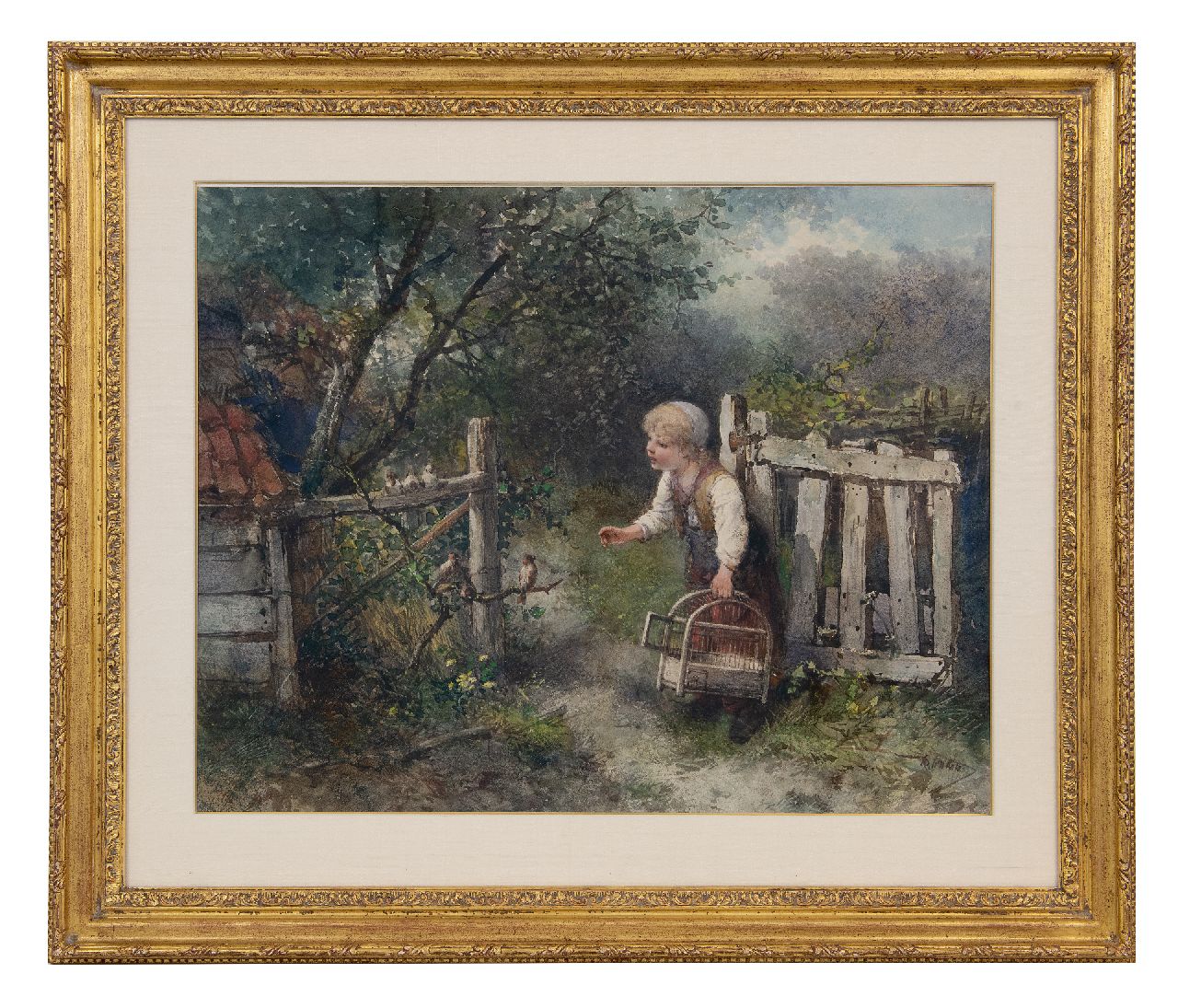 Kate J.M.H. ten | Johan 'Mari' Henri ten Kate | Aquarellen en tekeningen te koop aangeboden | De kleine vogelvanger, aquarel op papier 48,0 x 61,0 cm, gesigneerd rechtsonder
