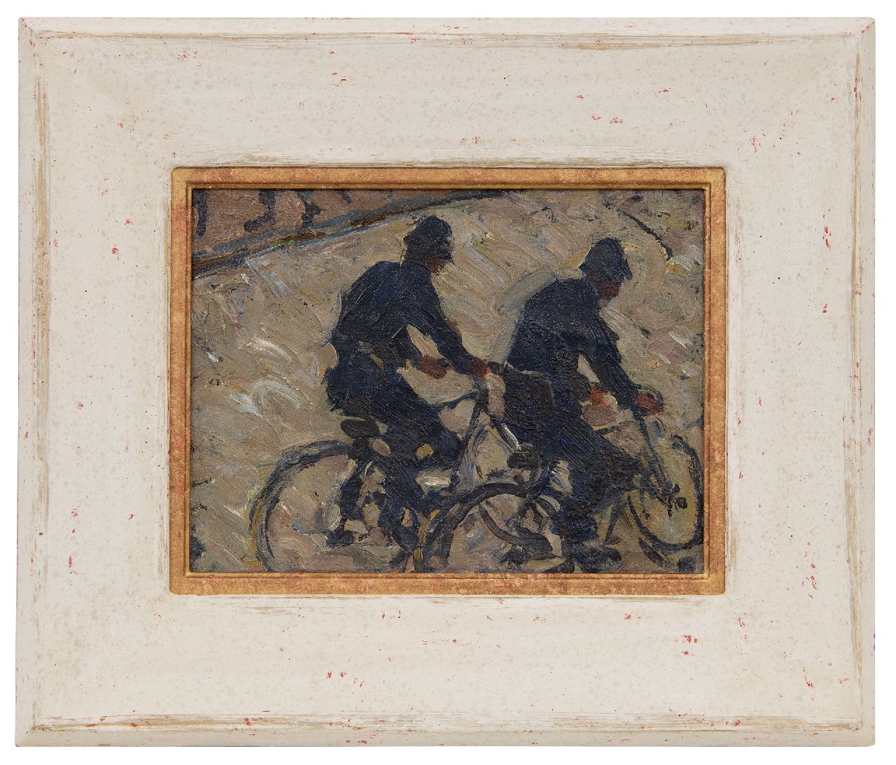 Dijkstra J. | Johannes 'Johan' Dijkstra | Schilderijen te koop aangeboden | Twee fietsende veldwachters, olieverf op doek op paneel 21,4 x 28,0 cm, te dateren ca. 1930 Dijkstra J. | Johannes 'Johan' Dijkstra | Schilderijen te koop aangeboden | Twee fietsende veldwachters, olieverf op doek op paneel 21,4 x 28,0 cm, te dateren ca. 1930