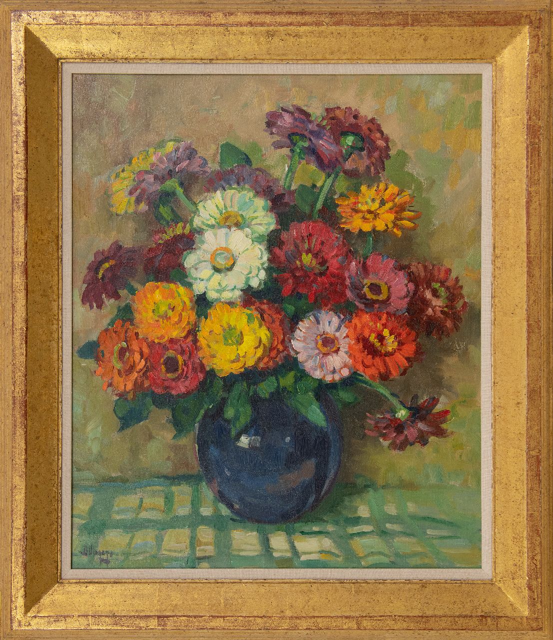 Viegers B.P. | Bernardus Petrus 'Ben' Viegers | Schilderijen te koop aangeboden | Zinnia's in een blauwe vaas, olieverf op doek 60,3 x 50,4 cm, gesigneerd linksonder Viegers B.P. | Bernardus Petrus 'Ben' Viegers | Schilderijen te koop aangeboden | Zinnia's in een blauwe vaas, olieverf op doek 60,3 x 50,4 cm, gesigneerd linksonder
