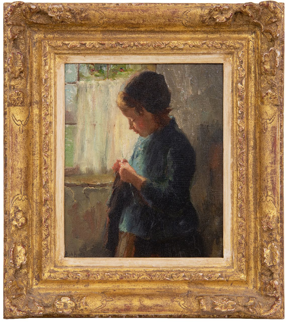 Hoog J.B. de | Johan 'Bernard' de Hoog, Breistertje, olieverf op paneel 16,7 x 13,7 cm, gesigneerd linksonder Hoog J.B. de | Johan 'Bernard' de Hoog, Breistertje, olieverf op paneel 16,7 x 13,7 cm, gesigneerd linksonder