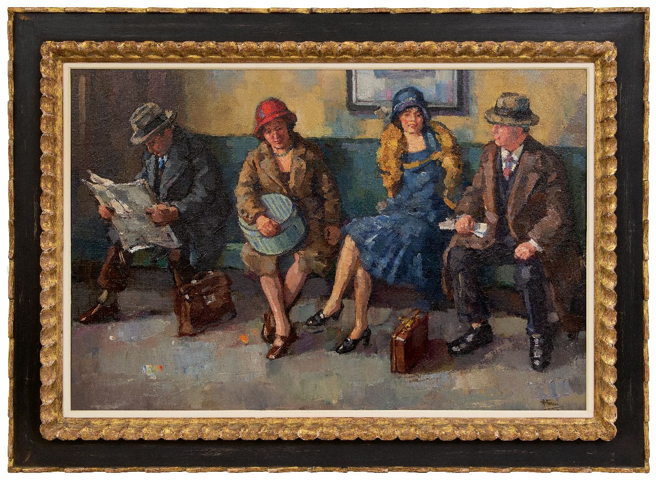 Fresco A. | Abraham Fresco, In de stationswachtkamer, olieverf op doek op paneel 60,9 x 90,0 cm, gesigneerd rechtsonder Fresco A. | Abraham Fresco, In de stationswachtkamer, olieverf op doek op paneel 60,9 x 90,0 cm, gesigneerd rechtsonder