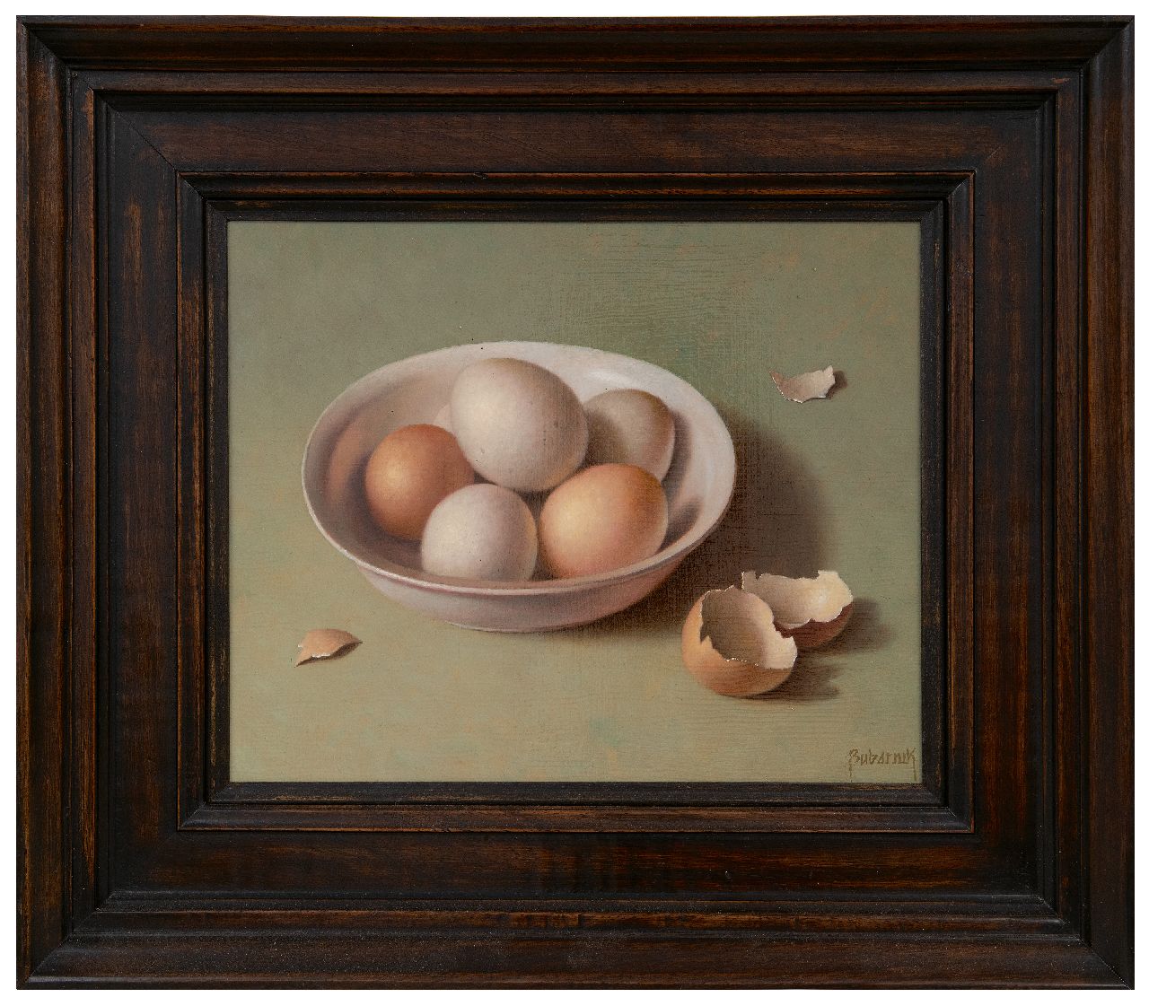 Bubarnik A.G.  | Andreas Gyula Bubarnik | Schilderijen te koop aangeboden | Stilleven met eieren in een kom, olieverf op paneel 24,1 x 30,1 cm, gesigneerd rechtsonder