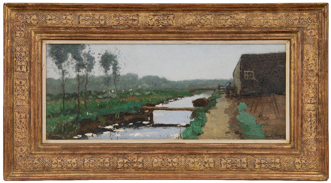 Kuijpers C. | Cornelis Kuijpers | Schilderijen te koop aangeboden | Landschap met boer en boerenschuur bij een sloot, olieverf op doek 24,6 x 57,8 cm, gesigneerd rechtsonder Kuijpers C. | Cornelis Kuijpers | Schilderijen te koop aangeboden | Landschap met boer en boerenschuur bij een sloot, olieverf op doek 24,6 x 57,8 cm, gesigneerd rechtsonder