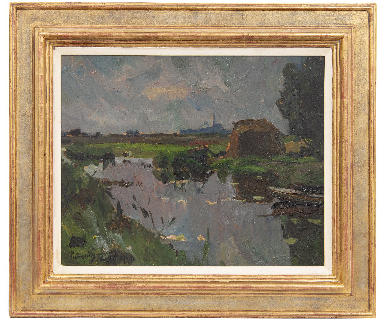 Wijngaerdt P.T. van | Petrus Theodorus 'Piet' van Wijngaerdt | Schilderijen te koop aangeboden | Polderlandschap, olieverf op board 37,7 x 46,8 cm, gesigneerd linksonder en gedateerd 1904