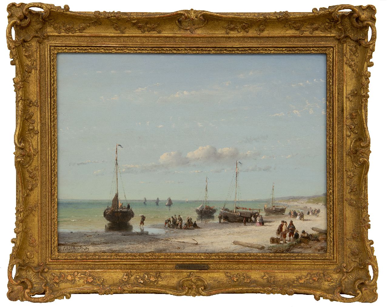 Schelfhout A. | Andreas Schelfhout, Strandgezicht met schepen, vissers en elegante wandelaars, olieverf op paneel 32,1 x 43,0 cm, gesigneerd linksonder en gedateerd '59 Schelfhout A. | Andreas Schelfhout, Strandgezicht met schepen, vissers en elegante wandelaars, olieverf op paneel 32,1 x 43,0 cm, gesigneerd linksonder en gedateerd '59