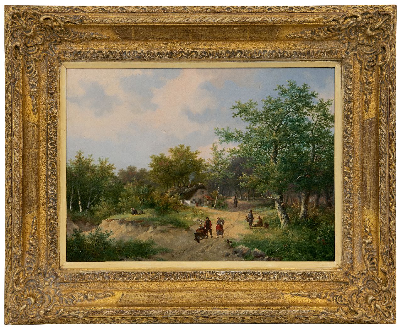 Koekkoek P.H.  | Pieter Hendrik 'H.P.' Koekkoek | Schilderijen te koop aangeboden | Boerenvolk op een boomrijke landweg, olieverf op paneel 26,8 x 37,2 cm, gesigneerd middenonder