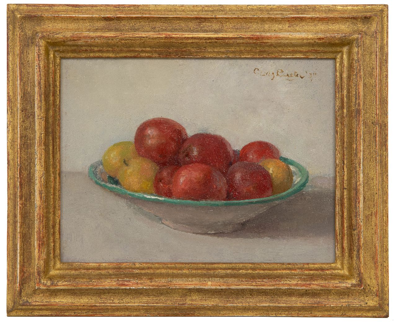 Rueter W.C.G. | Wilhelm Christian 'Georg' Rueter | Schilderijen te koop aangeboden | Stilleven van fruit op een schaaltje, olieverf op paneel 17,6 x 23,3 cm, gesigneerd rechtsboven en gedateerd '37 Rueter W.C.G. | Wilhelm Christian 'Georg' Rueter | Schilderijen te koop aangeboden | Stilleven van fruit op een schaaltje, olieverf op paneel 17,6 x 23,3 cm, gesigneerd rechtsboven en gedateerd '37