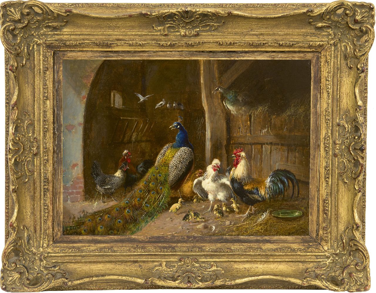 Scheuerer J. | Julius Scheuerer | Schilderijen te koop aangeboden | Pauwenpaar met haan en kippen in de schuur, olieverf op paneel 22,2 x 31,1 cm, gesigneerd rechts van het midden Scheuerer J. | Julius Scheuerer | Schilderijen te koop aangeboden | Pauwenpaar met haan en kippen in de schuur, olieverf op paneel 22,2 x 31,1 cm, gesigneerd rechts van het midden