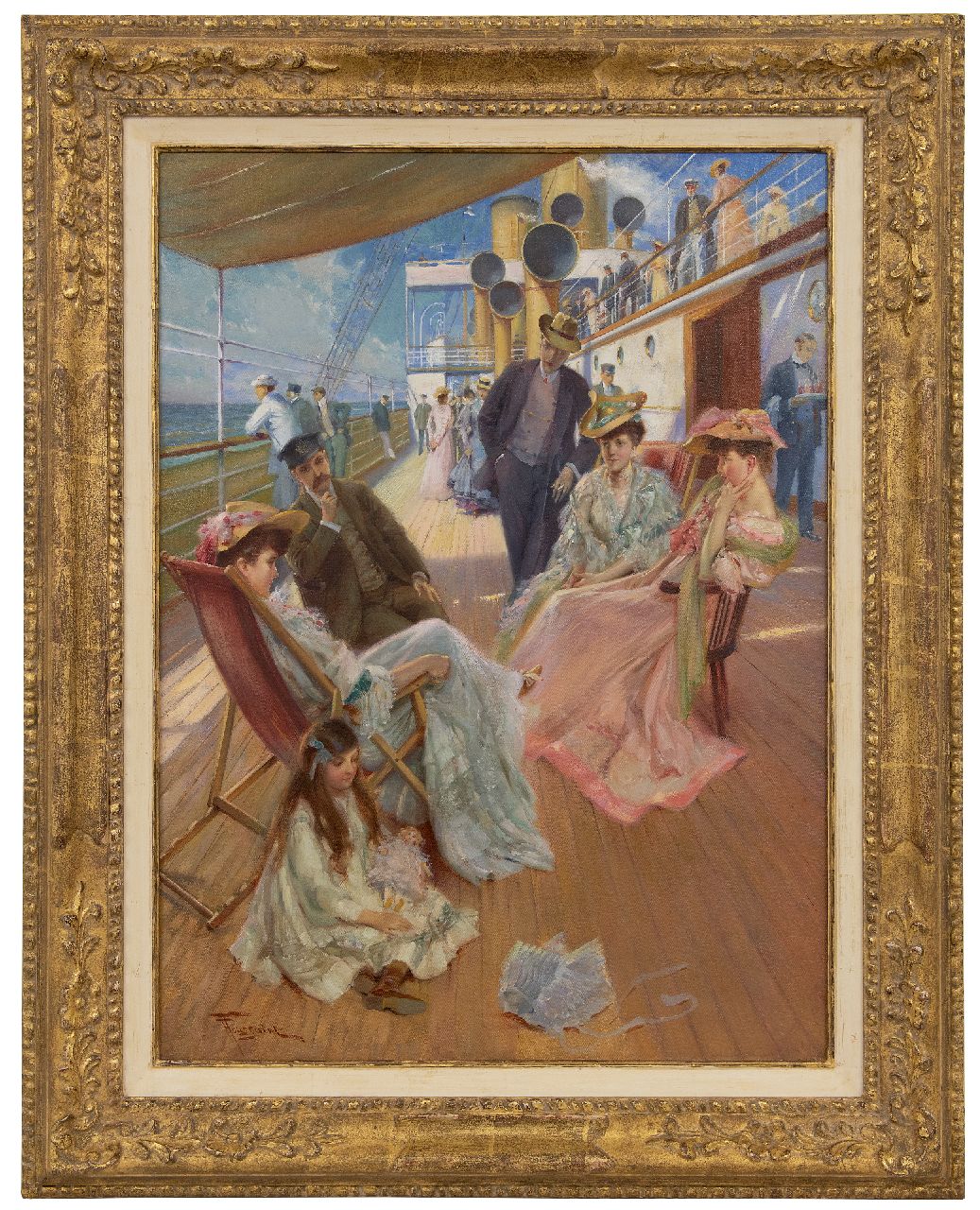 Toussaint F. | Fernand Toussaint | Schilderijen te koop aangeboden | Elegant gezelschap aan boord van een oceaanstomer, olieverf op doek 73,6 x 54,3 cm, gesigneerd linksonder Toussaint F. | Fernand Toussaint | Schilderijen te koop aangeboden | Elegant gezelschap aan boord van een oceaanstomer, olieverf op doek 73,6 x 54,3 cm, gesigneerd linksonder