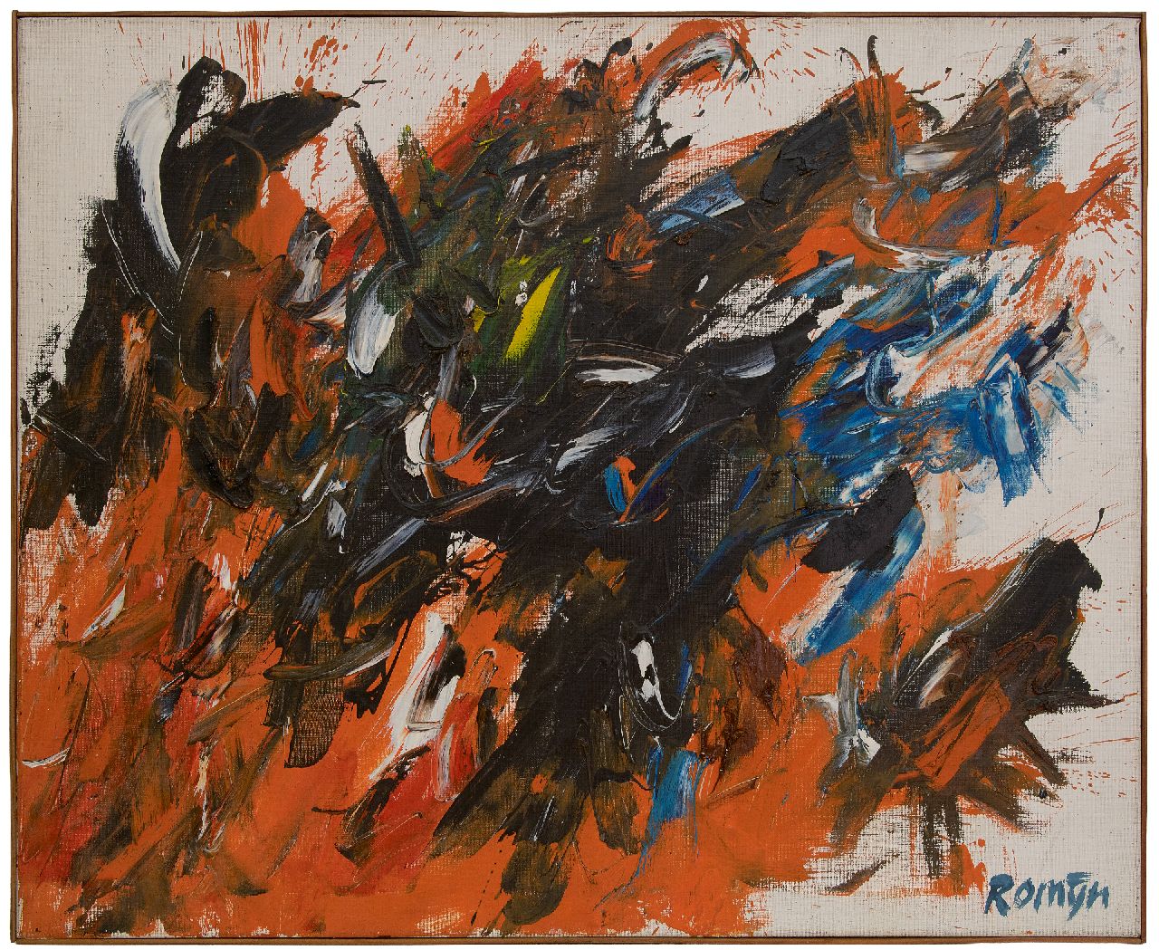 Romijn G.A.M. | Gustavus Adrianus Maria 'Gust' Romijn | Schilderijen te koop aangeboden | Het gevecht, olieverf op doek 90,3 x 110,4 cm, gesigneerd rechtsonder en verso en verso gedateerd 60 Romijn G.A.M. | Gustavus Adrianus Maria 'Gust' Romijn | Schilderijen te koop aangeboden | Het gevecht, olieverf op doek 90,3 x 110,4 cm, gesigneerd rechtsonder en verso en verso gedateerd 60