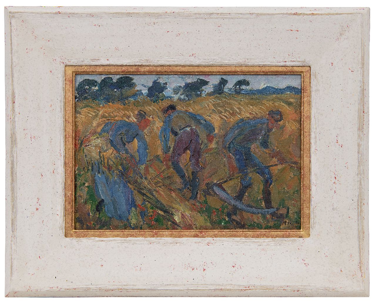 Dijkstra J. | Johannes 'Johan' Dijkstra | Schilderijen te koop aangeboden | Maaiende zichters, Groningen, olieverf op doek op paneel 21,5 x 30,2 cm, gesigneerd rechtsonder en te dateren midden jaren 20 Dijkstra J. | Johannes 'Johan' Dijkstra | Schilderijen te koop aangeboden | Maaiende zichters, Groningen, olieverf op doek op paneel 21,5 x 30,2 cm, gesigneerd rechtsonder en te dateren midden jaren 20