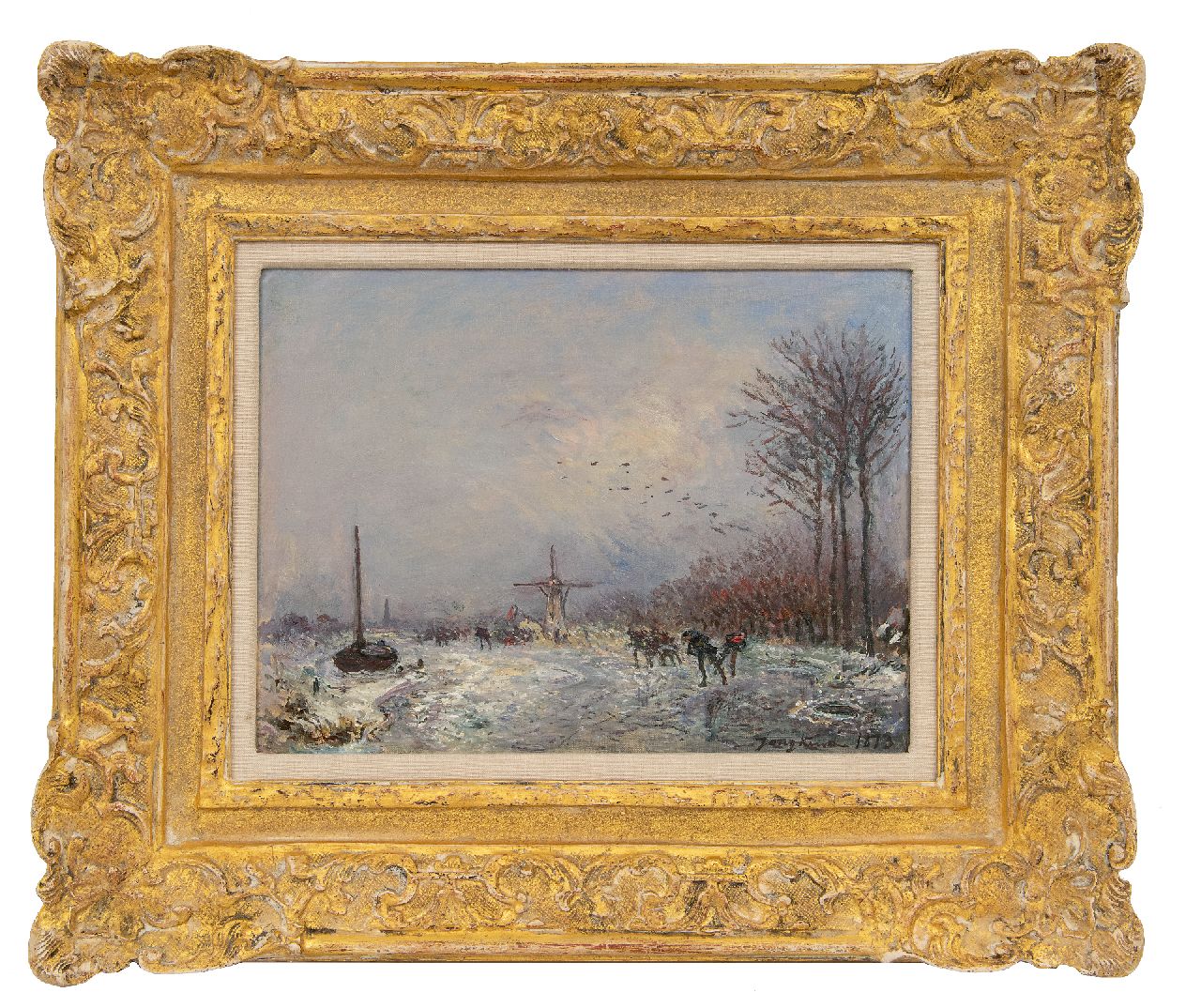Jongkind J.B.  | Johan Barthold Jongkind | Schilderijen te koop aangeboden | Hollandse vaart met schaatsers, olieverf op doek 25,2 x 35,3 cm, gesigneerd rechtsonder en gedateerd 1873