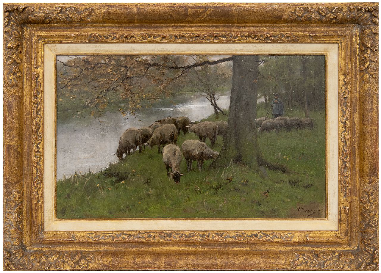 Mauve A.  | Anthonij 'Anton' Mauve | Schilderijen te koop aangeboden | Schapen aan de vaart, olieverf op paneel 25,1 x 41,0 cm, gesigneerd rechtsonder
