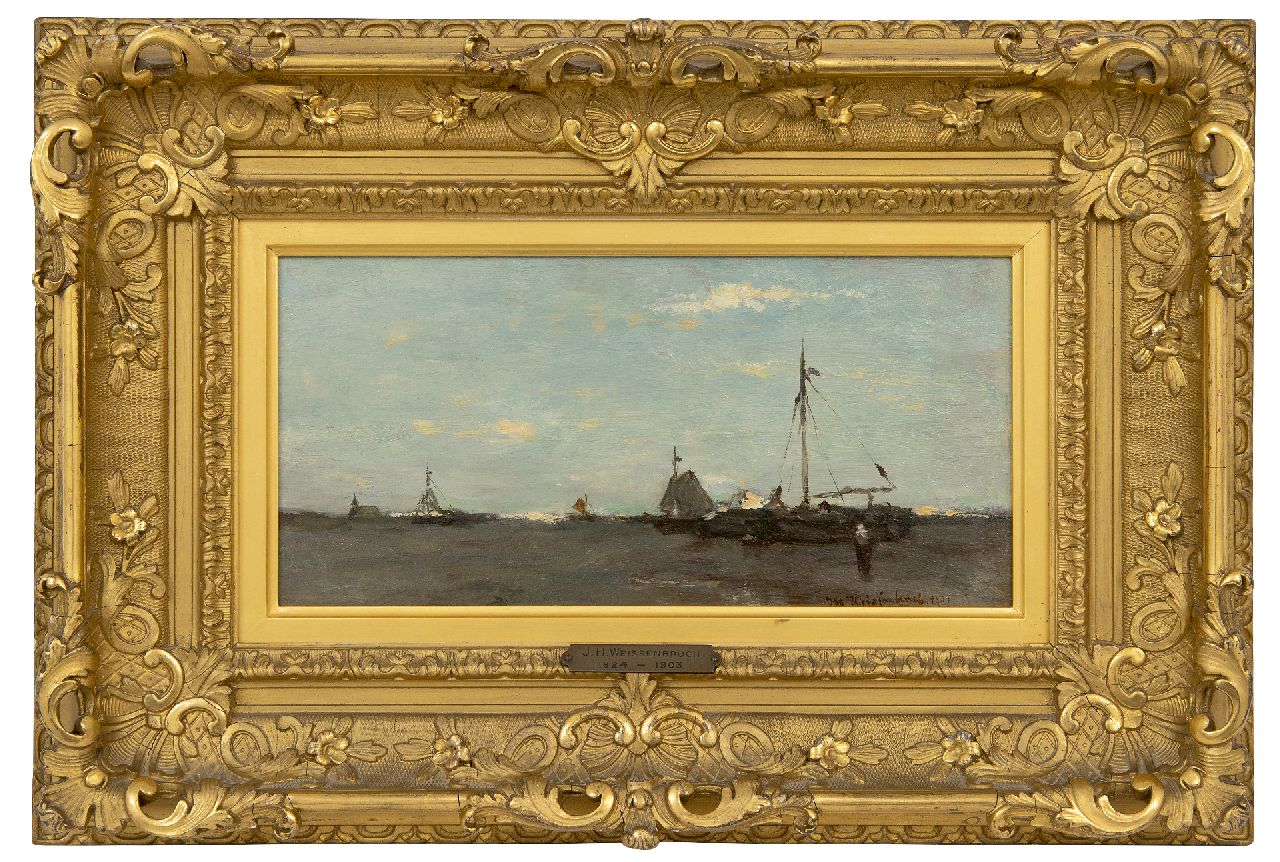 Weissenbruch H.J.  | Hendrik Johannes 'J.H.' Weissenbruch | Schilderijen te koop aangeboden | Drooggevallen bomschuiten op het strand van Scheveningen, olieverf op paneel 15,6 x 31,2 cm, gesigneerd rechtsonder en gedateerd 1901