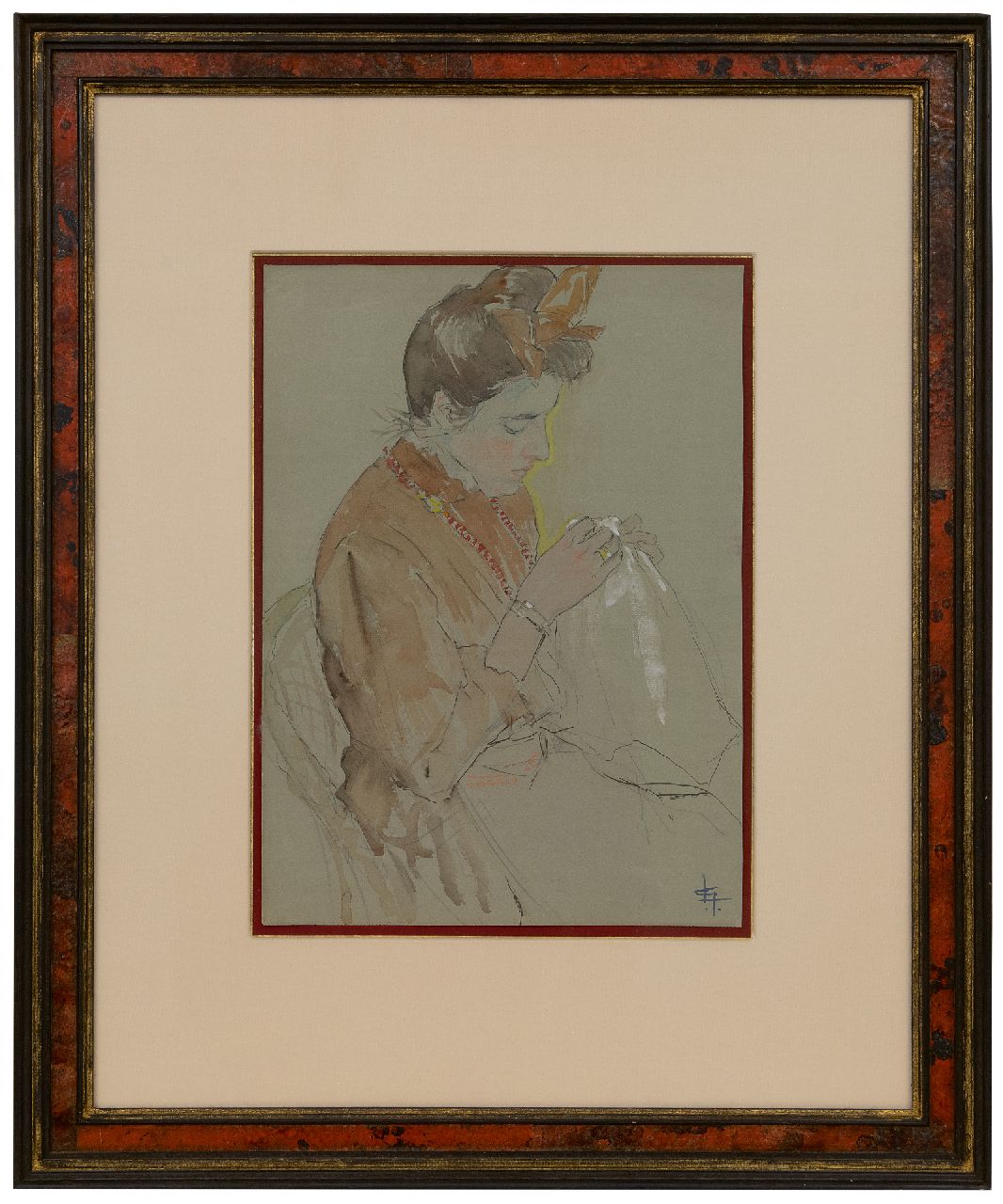 Gestel L. | Leendert 'Leo' Gestel | Aquarellen en tekeningen te koop aangeboden | Portret van Anna, de zuster van de schilder, bordurend, aquarel op papier 31,0 x 23,0 cm, gesigneerd rechtsonder met monogram Gestel L. | Leendert 'Leo' Gestel | Aquarellen en tekeningen te koop aangeboden | Portret van Anna, de zuster van de schilder, bordurend, aquarel op papier 31,0 x 23,0 cm, gesigneerd rechtsonder met monogram