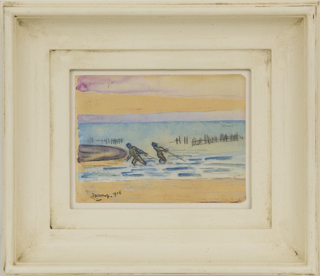 Toorop J.Th.  | Johannes Theodorus 'Jan' Toorop | Aquarellen en tekeningen te koop aangeboden | Zeeuwse garnalenvissers, zwart krijt en aquarel op papier 11,4 x 15,1 cm, gesigneerd linksonder en gedateerd 1916