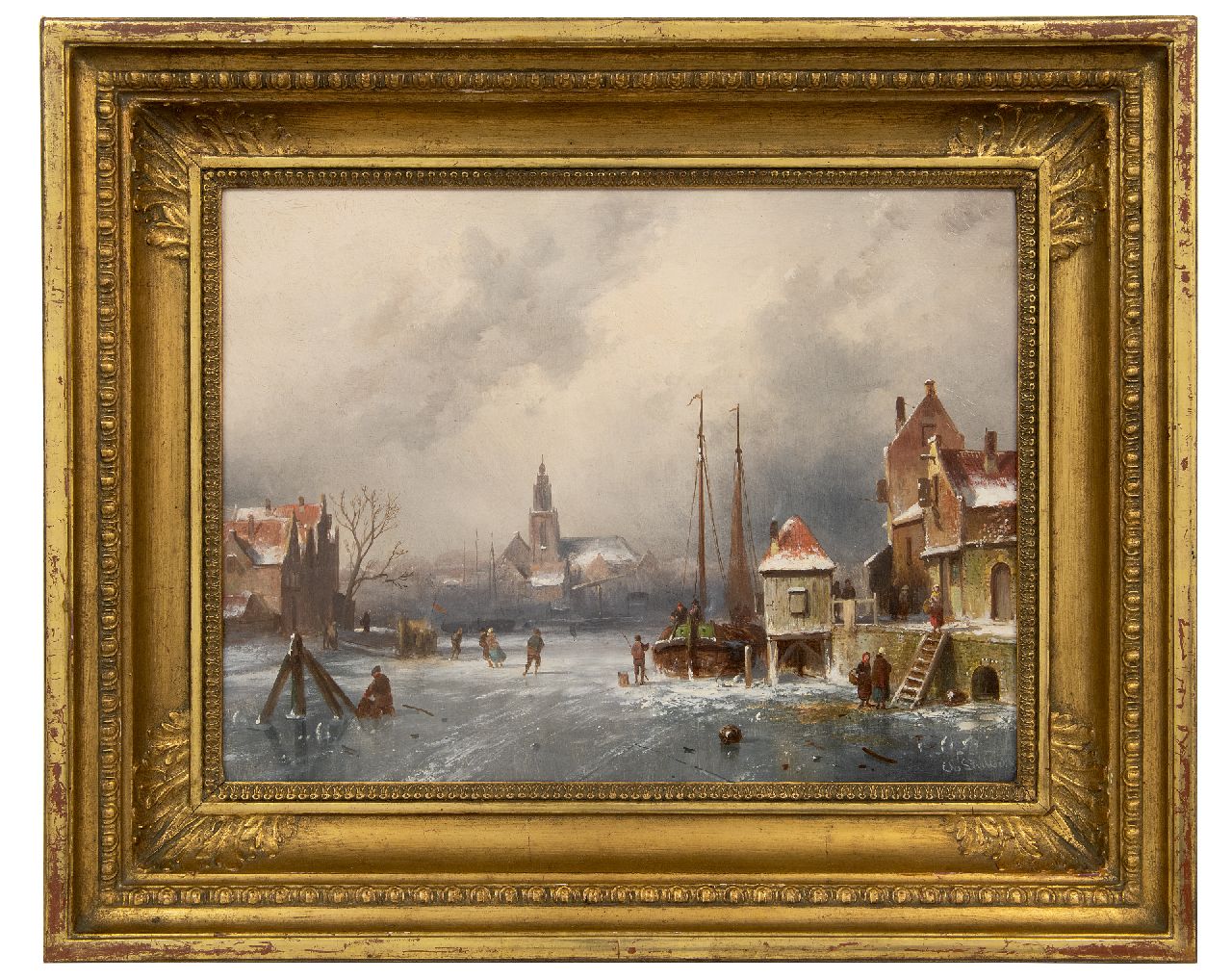 Leickert C.H.J.  | 'Charles' Henri Joseph Leickert, Winters stadsgezicht met schaatsers en koek-en-zopietent, olieverf op paneel 31,6 x 41,0 cm, gesigneerd rechtsonder