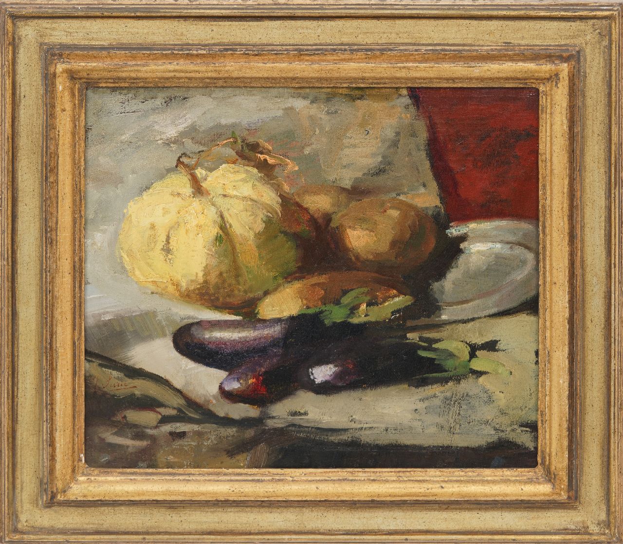 Surie J. | Jacoba 'Coba' Surie | Schilderijen te koop aangeboden | Stilleven met aubergines, olieverf op doek 37,8 x 42,5 cm, gesigneerd linksonder en op doekomslag Surie J. | Jacoba 'Coba' Surie | Schilderijen te koop aangeboden | Stilleven met aubergines, olieverf op doek 37,8 x 42,5 cm, gesigneerd linksonder en op doekomslag