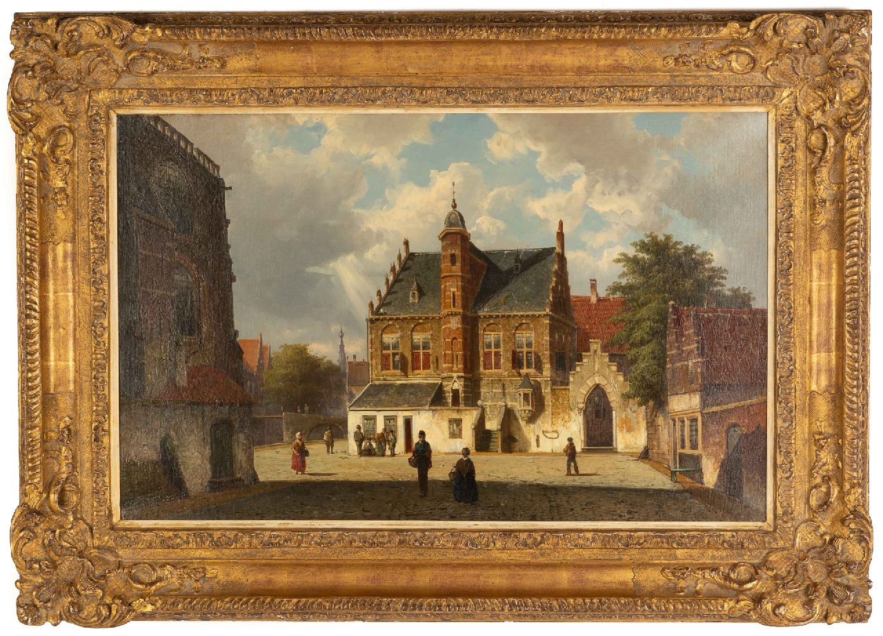 Koekkoek W. | Willem Koekkoek, Zomers stadsgezicht met figuren, olieverf op doek 45,0 x 70,9 cm, gesigneerd linksonder met initialen en gedateerd '65 Koekkoek W. | Willem Koekkoek, Zomers stadsgezicht met figuren, olieverf op doek 45,0 x 70,9 cm, gesigneerd linksonder met initialen en gedateerd '65