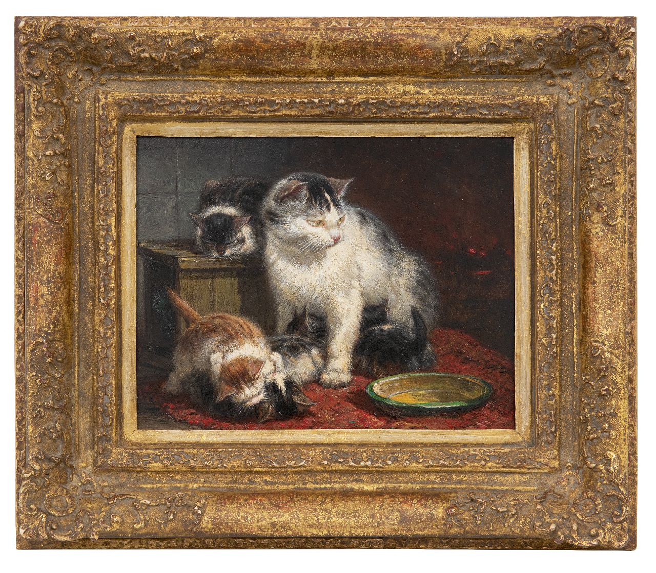 Ronner-Knip H.  | Henriette Ronner-Knip, Moederpoes met haar vijf jongen, olieverf op paneel 16,1 x 20,3 cm, gesigneerd linksboven