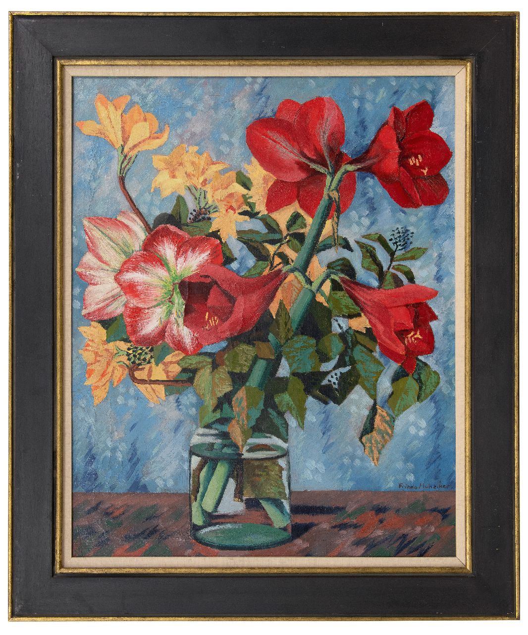 Hunziker F. | Frieda Hunziker, Bloemstilleven, olieverf op doek 75,6 x 60,5 cm, gesigneerd rechtsonder en te dateren ca. 1943 Hunziker F. | Frieda Hunziker, Bloemstilleven, olieverf op doek 75,6 x 60,5 cm, gesigneerd rechtsonder en te dateren ca. 1943