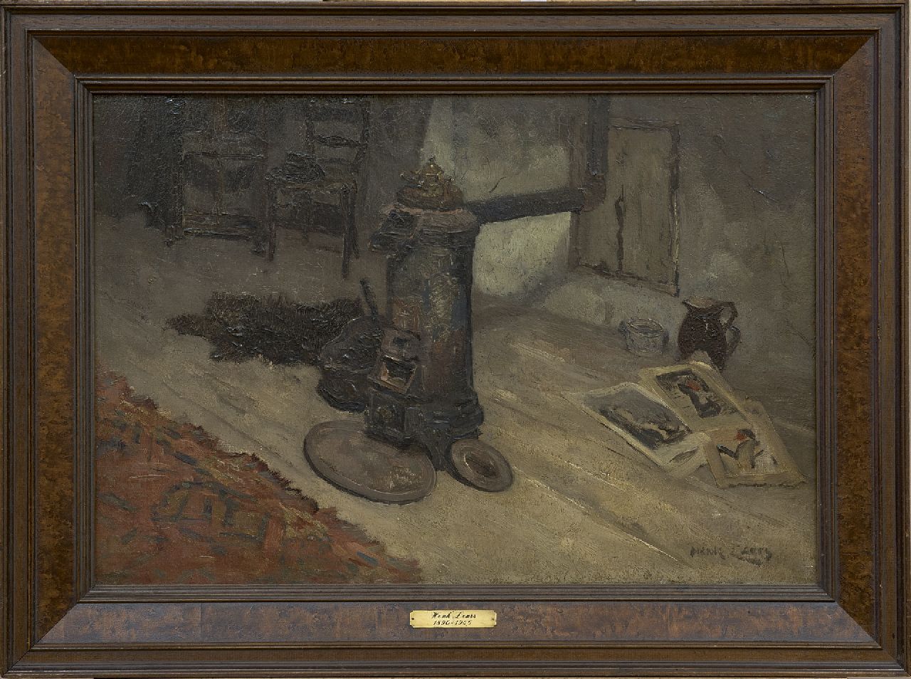 Leurs H.J. | Hendrik Johannes 'Henk' Leurs | Schilderijen te koop aangeboden | Interieur met potkachel, olieverf op doek 40,6 x 60,5 cm, gesigneerd rechtsonder Leurs H.J. | Hendrik Johannes 'Henk' Leurs | Schilderijen te koop aangeboden | Interieur met potkachel, olieverf op doek 40,6 x 60,5 cm, gesigneerd rechtsonder