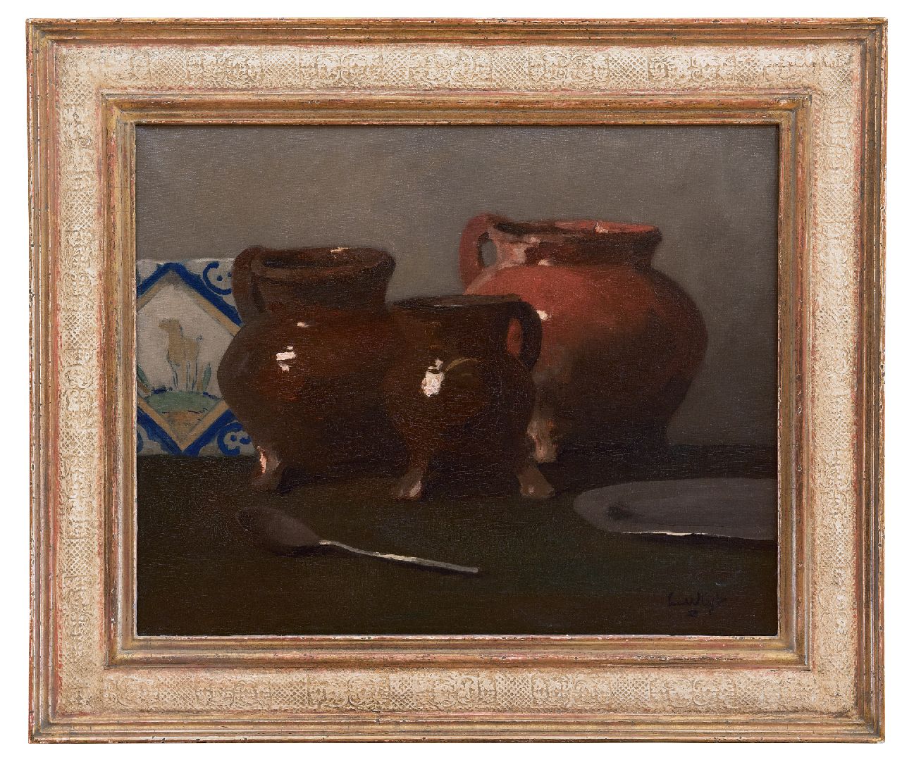 Vlist L. van der | Leendert van der Vlist | Schilderijen te koop aangeboden | Stilleven met loodglazuur potten, olieverf op doek 40,2 x 50,2 cm, gesigneerd rechtsonder Vlist L. van der | Leendert van der Vlist | Schilderijen te koop aangeboden | Stilleven met loodglazuur potten, olieverf op doek 40,2 x 50,2 cm, gesigneerd rechtsonder