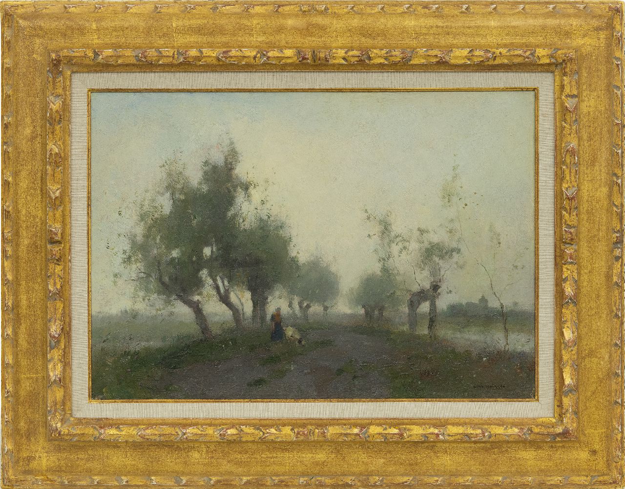 Knikker A. | Aris Knikker, Boerin met geitje op een polderweg, olieverf op doek 30,0 x 43,5 cm, gesigneerd rechtsonder Knikker A. | Aris Knikker, Boerin met geitje op een polderweg, olieverf op doek 30,0 x 43,5 cm, gesigneerd rechtsonder