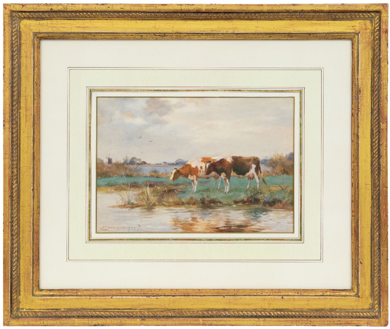 Groenewegen A.J. | Adrianus Johannes Groenewegen | Aquarellen en tekeningen te koop aangeboden | Drinkend vee, aquarel op papier 18,0 x 25,5 cm, gesigneerd linksonder Groenewegen A.J. | Adrianus Johannes Groenewegen | Aquarellen en tekeningen te koop aangeboden | Drinkend vee, aquarel op papier 18,0 x 25,5 cm, gesigneerd linksonder