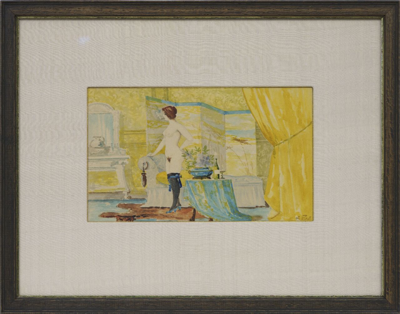 Soy L. | Soy | Aquarellen en tekeningen te koop aangeboden | Naakte vrouw rokend in boudoir, aquarel op papier 14,8 x 24,7 cm, gesigneerd rechtsonder en te dateren ca. 1920 Soy L. | Soy | Aquarellen en tekeningen te koop aangeboden | Naakte vrouw rokend in boudoir, aquarel op papier 14,8 x 24,7 cm, gesigneerd rechtsonder en te dateren ca. 1920