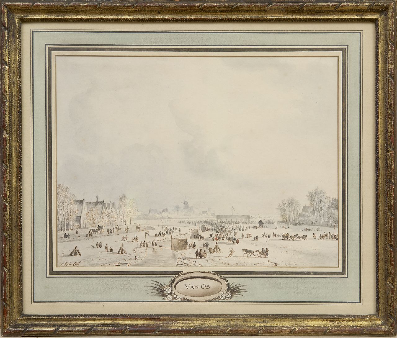 Os P.F. van | Pieter Frederik van Os | Aquarellen en tekeningen te koop aangeboden | Wintervermaak, bruine inkt en aquarel op papier 21,0 x 28,5 cm, gesigneerd linksonder