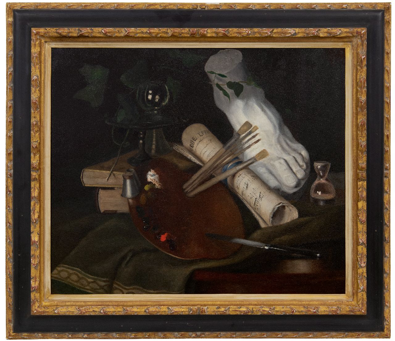Kasteele J.M. van de | Johanna Margaretha van de Kasteele | Schilderijen te koop aangeboden | Stilleven met schilderspalet, olieverf op paneel 45,0 x 53,0 cm, gesigneerd linksonder met initialen Kasteele J.M. van de | Johanna Margaretha van de Kasteele | Schilderijen te koop aangeboden | Stilleven met schilderspalet, olieverf op paneel 45,0 x 53,0 cm, gesigneerd linksonder met initialen