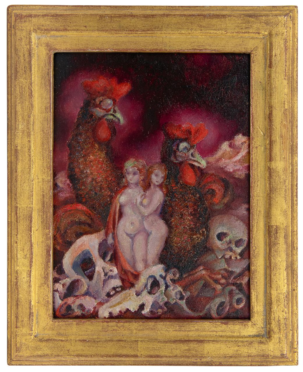 Schippers W.  | Willem 'Wim' Schippers | Schilderijen te koop aangeboden | Twee naakten, schedels en hanen, olieverf op board 32,0 x 23,9 cm, gesigneerd linksboven met monogram en zonder lijst