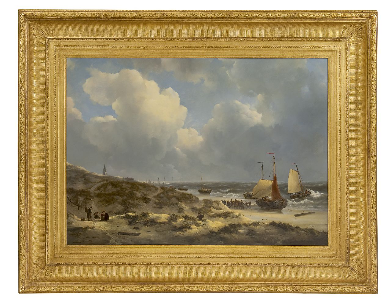 Schotel J.C. | Johannes Christianus Schotel, Het uitladen van de visvangst op het strand van Scheveningen, olieverf op paneel 65,1 x 90,7 cm, gesigneerd linksonder Schotel J.C. | Johannes Christianus Schotel, Het uitladen van de visvangst op het strand van Scheveningen, olieverf op paneel 65,1 x 90,7 cm, gesigneerd linksonder