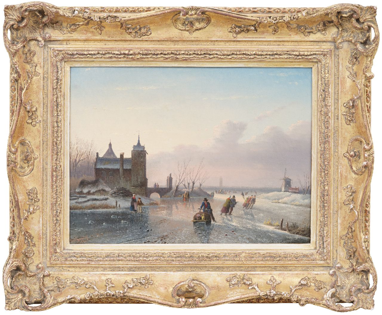 Spohler J.J.C. | Jacob Jan Coenraad Spohler, Winters riviertje met schaatsvertier, olieverf op doek 25,6 x 34,7 cm, gesigneerd linksonder en gedateerd '57 Spohler J.J.C. | Jacob Jan Coenraad Spohler, Winters riviertje met schaatsvertier, olieverf op doek 25,6 x 34,7 cm, gesigneerd linksonder en gedateerd '57