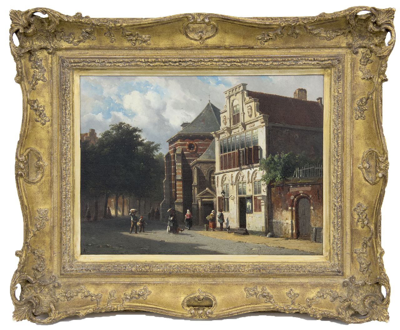 Eversen A. | Adrianus Eversen, Zomers gezicht op de Petruskerk en het Stedehuys te Woerden, olieverf op paneel 27,6 x 37,4 cm, gesigneerd linksonder met monogram Eversen A. | Adrianus Eversen, Zomers gezicht op de Petruskerk en het Stedehuys te Woerden, olieverf op paneel 27,6 x 37,4 cm, gesigneerd linksonder met monogram