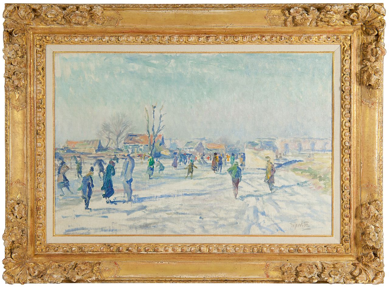 Wolter H.J. | Hendrik Jan 'Henk' Wolter | Schilderijen te koop aangeboden | Schaatsers op de Boerenwetering, Amsterdam, olieverf op doek 40,5 x 60,6 cm, gesigneerd rechtsonder en verso voorzien van atelierstempel en te dateren 1915 Wolter H.J. | Hendrik Jan 'Henk' Wolter | Schilderijen te koop aangeboden | Schaatsers op de Boerenwetering, Amsterdam, olieverf op doek 40,5 x 60,6 cm, gesigneerd rechtsonder en verso voorzien van atelierstempel en te dateren 1915